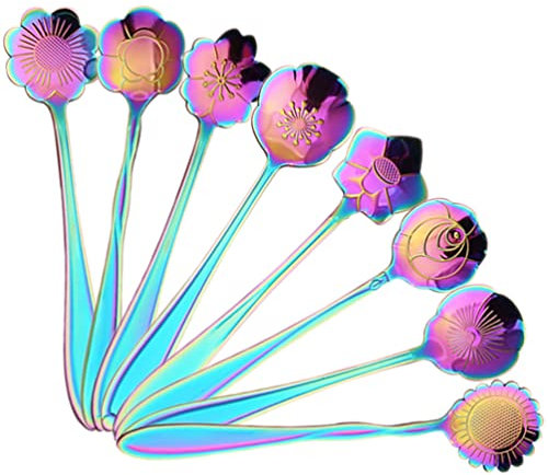 iplusmile 8 Pièces Cuillère Fleur Arc-en-Ciel Cuillère De Spécialité Cuillère à Fruits en Forme De Fleur Cuillère Arc-en-Ciel Cuillère à Sucre Cuillère à Yaourt Miniature Acier Inoxydable