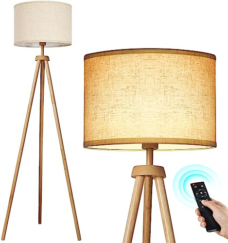 OUTON LED Stehlampe Dimmbar Dreibein Holz mit Fernbedienung, 4 Farbtemperatur Einstellbar, 1H Timer, Stativ Standleuchte Stehleuchte mit Beige Lampenschirm für Wohnzimmer, Schlafzimmer, Büro, Eiche