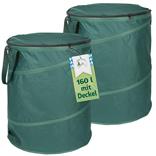 TTL Garden 2x 160L Pop Up Gartensack Deluxe mit Deckel - 220gsm 600D Oxford 2er Set 160 Liter Gartenabfallsack faltbar extra stabil - Laubsack Sack & Behälter für Grünschnitt Garten Abfall