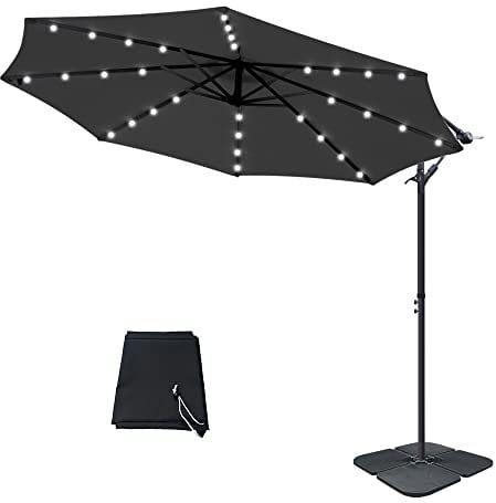 Green Bay 3M Cantilever Banana Parasol Hanging Parasols with Solar LED Lights Black + Parasol Base & Parasol Cover