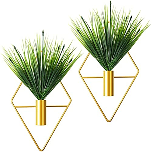 Lot de 2 pots de fleurs à suspendre avec plantes aquatiques artificielles en métal - Décoration murale pour la maison, le salon, le bureau (herbe dorée)