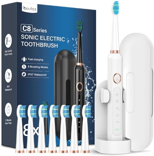 Brosses à Dents Électriques Soniques Adultes avec 8 Têtes - Brosse à Dents Électrique avec Étui de Voyage, 5 Modes et IPX7, Brosses à Dents Électriques à Ultrasons pour Femmes Hommes, Blanc Brillant