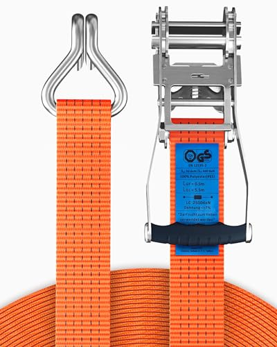 CargoVA® Lot de 2 Sangle a Cliquet Robustes de 5000 kg, Certifiées TÜV/GS et DIN Sangle Arrimage, Largeur 50 mm x 6 m, Sangles à Cliquer Idéales pour Les Applications Professionnelles