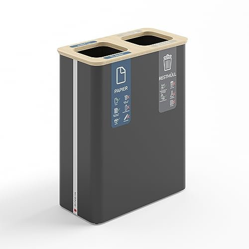 BINBIN Globular 2x60 Liter Mülleimer - Abfallbehälter für Abfalltrennung - Papier - Restmüll - Schwarz