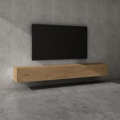 doporro Mueble de TV para Salón de 240 cm con núcleo de Roble Mesa TV, con Puerta Abatible hacia Abajo, Mueble de TV Flotante, Estante TV 02
