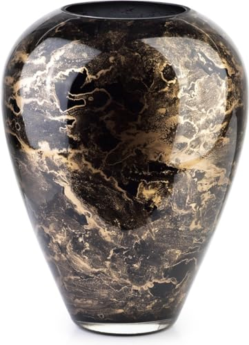 Terroso - Vase - Verre Noir soufflé à la Bouche - Aspect Luxueux, élégant et stylé - 27 cm de Haut - Aspect marbre - Vase à Fleurs