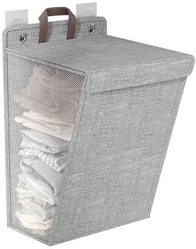 Esoes Laundry Basket with Lid, 60L Slim Laundry Hamper with Lid, Toy Storage Basket,Canvas Fabric Laundry Basket, Collapsible Bedrooms Dirty Clothes Bin for Bathroom, Laundry Room-Gray