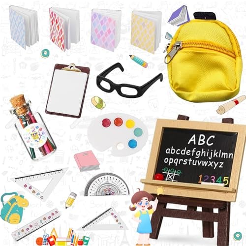 Puppenhaus Zubehör, Wichtel Zubehör, 1:12 Wichtelzubehör Miniaturpuppe Schulbedarf, Miniatur Buchrucksack Lineal Stift Kreidetafel Set Lehrmittel,Miniatur Puppenhaus Zubehör