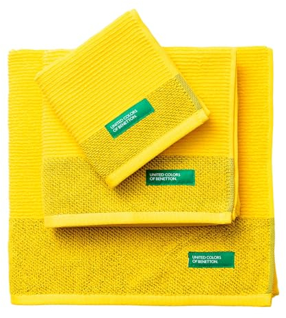 United Colors of Benetton. 3-teiliges Badetuch-Set (Etuitisch 30 x 50 cm + Hände 50 x 90 cm + Bad 70 x 140 cm) 450 g/m² 100% Baumwolle Gelb 'Regenbogen'