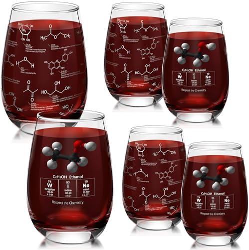 Yungyan 6 Pcs End of Class Chemistry Teacher Appreciation Gift Glasses Stemless Wine 15 oz Gifts Glassware Etched with Molecules Thick Wine Tumblers Chemistry Science Lovers Christmas Gifts