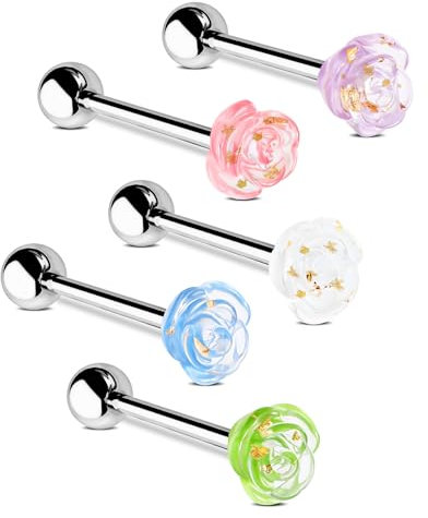 Jewseen 5 pièces langue barbell 14g fleur langue anneau chirurgical acier langue piercing acrylique langue barbell piercing bijoux