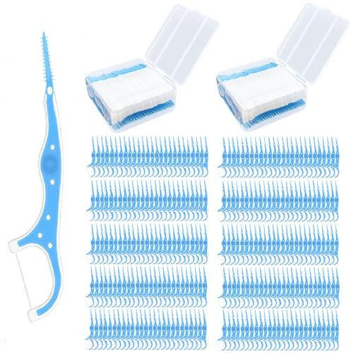 Aruatu Interdentalbürsten, 2-in-1-Zahnbürsten mit Zahnseide-Stick, Silikon-Zahnstocher, Zahnseide-Sticks für schmale Lücken, Zahnspangen, Mundreinigung, Blau, 2 Stück