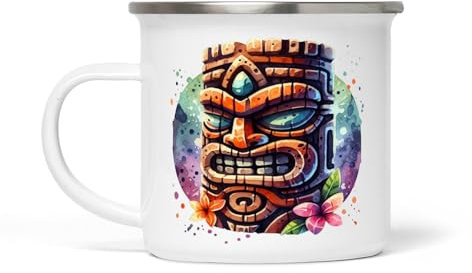 Vintage Tiki Weiße Emaille Tasse - 354 ml, langlebig und elegant, Ideal für Kaffee, Tee und heiße Getränke