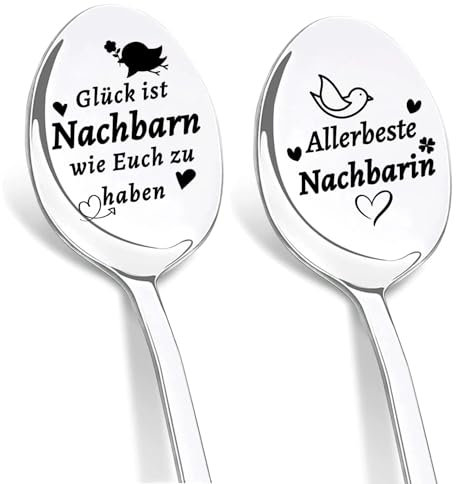 DIKARYA Geschenk für Nachbarn, 2er Kaffeelöffel mit Gravur-Glück ist Nachbarn wie Euch zu haben, Allerbeste Nachbarn, Kleines Dankeschön Geschenk, Beste Nachbarn Geschenke, Danke Geschenke für Freunde