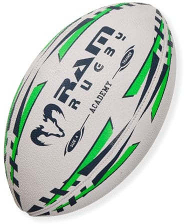 Ram Rugby Academy Trainer Rugby Ball (Size 4) 3 ply, Club Quality Rugby Training Ball - 3-D Grip for ultimate Passing & Catching Control – Suitable for Youth, Kids & Children