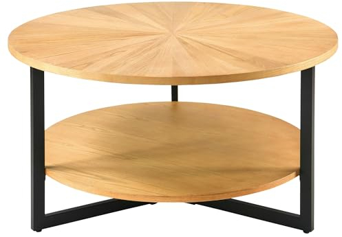MODERION Runder Wohnzimmertisch, Couchtisch, Kaffetisch,Doppelschicht, Freizeittisch aus Massivholz, Minimalistischer natürlicher Stil, 85 x 85 x 45.5 cm (Farbe Eiche)