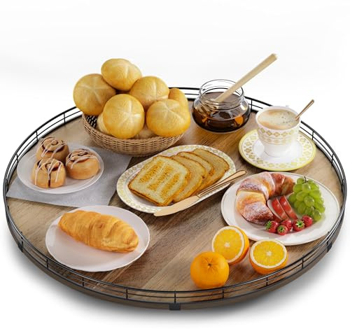 Acacia Wood 21 Lazy Susan Turntable Organizer for Table Top, Farmhouse Extra Large Round Lazy Susan for Serving Kitchen Countertop Cabinet for Charcuterie Centerpiece, Bathroom Vanity Tray Decor