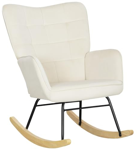 HOMCOM Schaukelstuhl, Schaukelsessel mit Samtoptik, Armlehne, Gepolsterter Sessel mit Holzkufen, Relaxsessel für Wohnzimmer, Schlafzimmer, bis 120kg belastbar, Beige