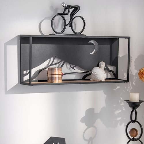 K&L Wall Art Holz Wandregal Metall Hängeregal Natur Holzoptik Vintage Metallregal schwarz für Wohnzimmer (Mond hinter Bergen)