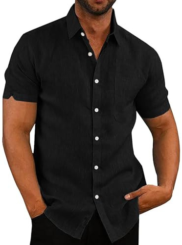 Rodawu Mens Short Sleeve Shirts Casual Linen Cotton Summer Shirt | Breathable Lightweight Linen Cotton Fabric,Regular Fit,Chest Pocket,Solid Color for Beach Holiday&Daily Wear