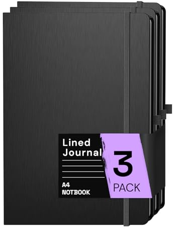 ONAVIA A4 Liniert Notizbuch, Notebook Hardcover, 80 Blätter (160 Seiten) 80 g/m², 7mm Linienabstand für zu Hause, Schule und Arbeit, Schwarz (3 Stücke)