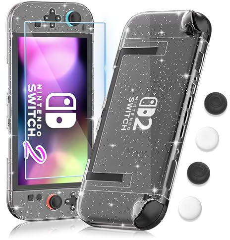 RHOTALL Slim Glitter Case for Nintendo Switch 2 2025, Hard PC Sparkle Crystal Protective Dockable Shell Cover with Tempered Glass Screen Protector for Switch 2 7.9 Inchsparkle, 4 Thumb Caps