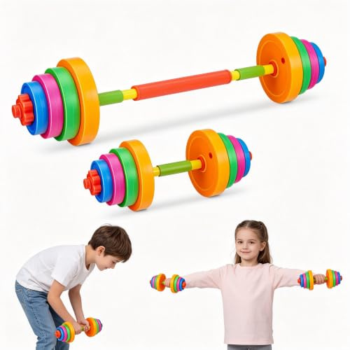 ibasenice Kids Dumbbells Set Adjustable Plastic Toy Weights for Boys Girls | Plastic barbell toy, water or sand fillable plates, multicolor design, suitable for kindergarten gym and home pretend play