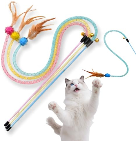 BnbnPup Katzenspielzeug Angel Set, 3 Stück Interaktives Katzen Zauberstab Spielzeug für Training und Selbstbeschäftigung (Feder mit Schlauch)