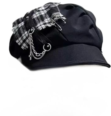 Damen Teens Punk Goth Cross Cap Newsboy Hut Y2K Plaid Baskenmütze Adrett Plaid Hat Fairy Grunge Zubehör Vintage Beanie, schwarz und weiß, Einheitsgröße