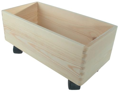 WooDeeDoo Narrow Wooden Storage Crate on Wheels - Open Pine Box Rolling Organiser for Underbed Shelf Cupboard Pantry Craft DIY Use Natural Wood Container - 40 x 20 x 19 cm