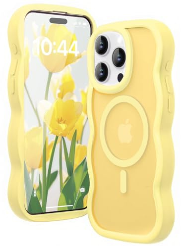 Amzfield Magnetic Case for iPhone 15 Pro, Wavy Translucent Schlank, Yellow | Compatible with MagSafe Wavy Translucent Soft Silicone Shockproof Cute Matte for Girl Women Drop Protection Soft Touch Pretty