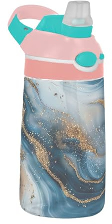 Sevdomey Blue and White Marble Kids Water Bottle with Straw for Girls Boys, Stainless Steel Insulated Leakproof Water 480ml for School Nursery Travel Sports