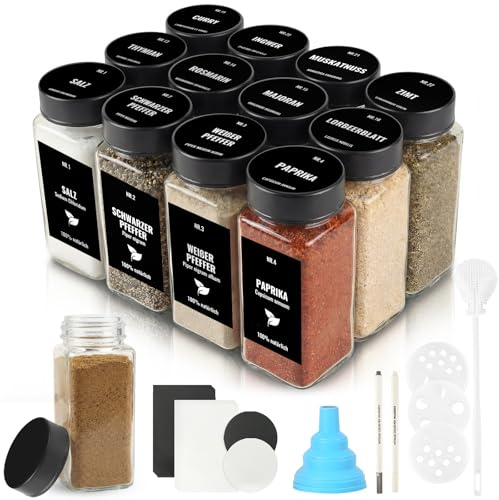 JAECU 12pcs 120ml Botes Especias Cristal con Tapa de Acero Inoxidable | Frascos Especiarias Vidrio, Aptos para Cajones y Armarios de Cocina, Negro