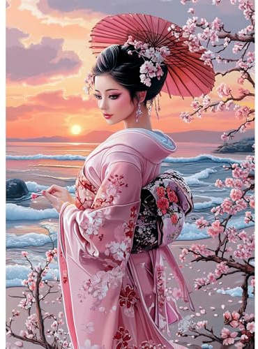 QENSPE 5D Diamond Painting Japanische Frau Diamant Painting Bilder Kirschblüten Diamond Art Erwachsene Full DIY Diamant Kunst Malerei Kristall Stickerei Set Home Wand Dekor 30x40cm