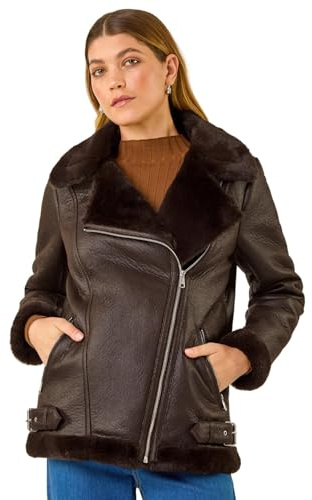 Roman Faux Leather Jacket for Women UK - Ladies Bomber Aviator Coat Moto Biker Pilot PU Flying Teddy Borg Sherpa Fur Trim Furry Fleece Collar Lined Casual Warm - Chocolate - Size 20