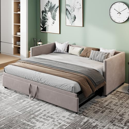 Poeahu Sofá Cama Extensible 90/180x200 cm, Camas de día Extensible con somier de láminas, Sofá Cama 2 Plazas, Sofa Camas Nido para Dormitorio y Sala de Estar, Tejido Aterciopelado, sin colchón