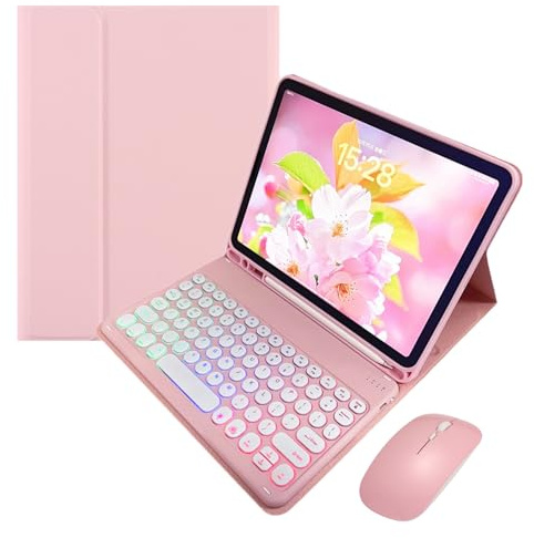 kaidisen Keyboard Case Mouse for Galaxy Tab S10 Lite / S10 FE / S9 FE 10.9, Tab S9/S8/S7 11 Case with 7 Colors Rainbow Backlit Retro Round Key Detachable Keyboard Cover Cute Candy Color,Pink