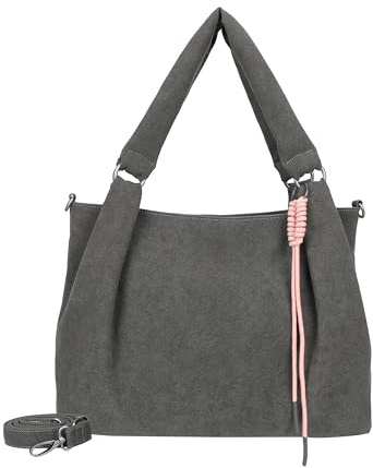 Fritzi Sue03 Suede Jacky Soft Shopper Kunstleder Damen Handtasche Festival City vegan Suede-Optik Kordelanhänger Reißverschluss 28,5 x 40 x 12 cm – Anthrazit, Grün, Braun,Graublau