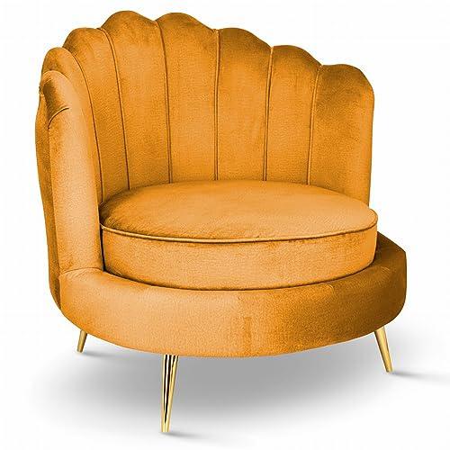 MG Design Samt Muschelsessel in Gelb – Moderner Cocktailsessel mit goldenen Beinen, gepolsterter Rückenlehne und großem Sitz für Wohnzimmer oder Schlafzimmer