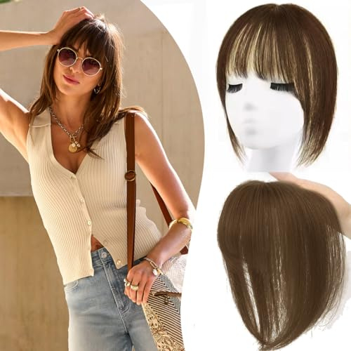 Echthaar Topper Mit Pony 360° 3D Abdeckung Topper Für Frauen Remy Echthaarteile Für Frauen Mit Dünner Werdendem Haar Glatter Clip in Pony Mit Toppers(Dunkelbraun #2, 20cm 8 Zoll)