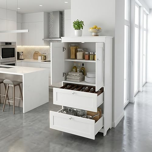 DazzlerE Kitchen Cabinet White Bathroom Cabinet Narrow Storage Cabinet Kitchen with 2 Doors and 2 Drawers Adjustable Shelf 60 x 30 x 110 cm