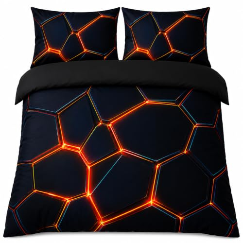 Gaming Bettwäsche Jungen 135x200 cm, Schwarz-Orange Kinderbettwäsche mit Neon-Sechseck-Design, Gamer Bettwäsche für Teenager, Bettbezug Set mit 2 Kissenbezügen 80x80 cm, Mikrofaser, Reißverschluss