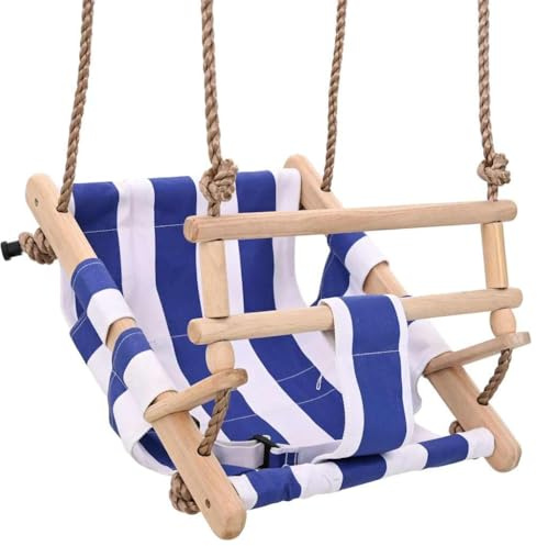 GeenYuu Babyschaukel mit Sicherheitsgurt und Bügel Baumwolle Holz Blau 35x30x57 cm für Babys 6-36 Monate Outdoor Indoor Garten Spielzeug Bewegung Motorik