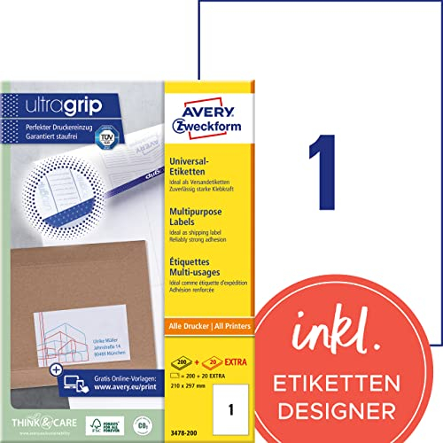 AVERY Zweckform 3478-200 Universal Etiketten (200 plus 20 Klebeetiketten extra, 210x297mm auf A4, bedruckbare Versandetiketten, selbstklebende Versandaufkleber mit ultragrip) 220 Blatt, weiß