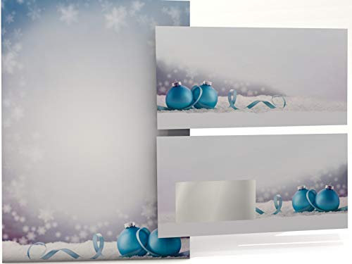 Weihnachtsbriefpapier Set | Weihnachtskugeln im Schnee | 20 Blatt Motivpapier A4 | 20 Briefumschläge OHNE FENSTER im DIN LANG-Format | Briefpapier Set