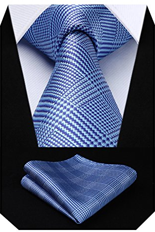 HISDERN Herren Krawatte Hochzeit Check Krawatte & Einstecktuch Set Blau