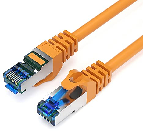 JAMEGA - 1m CAT 7 Netzwerkkabel Gigabit Ethernet Lan Kabel in orange | 10000 Mbit s | Patchkabel Cat.7 Rohkabel S FTP PIMF Schirmung mit RJ45 Stecker | Switch Router Modem Access Point