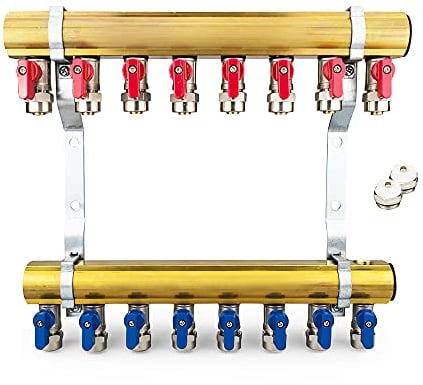 Messing Heizkreisverteiler 8 Heizkreise Set mit 16 x PEX Kugelhahn mit Klemmring 16mm x 1/2 AG & 2 x Entlüfter & 2 x Blindstopfen 1 Zoll | Systemverteiler Zentralheizung 2-12 Fach Verteiler Heizung