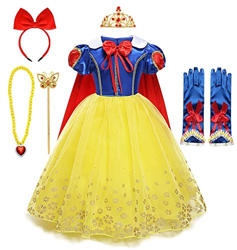 MYRISAM Filles Robe de Carnaval Princesse Costume de Blanche Neige avec Cape Conte de Fée Snow White Déguisements Cosplay Halloween Noël Robe de Soirée Anniversaire avec Accessoires 6-7 Ans