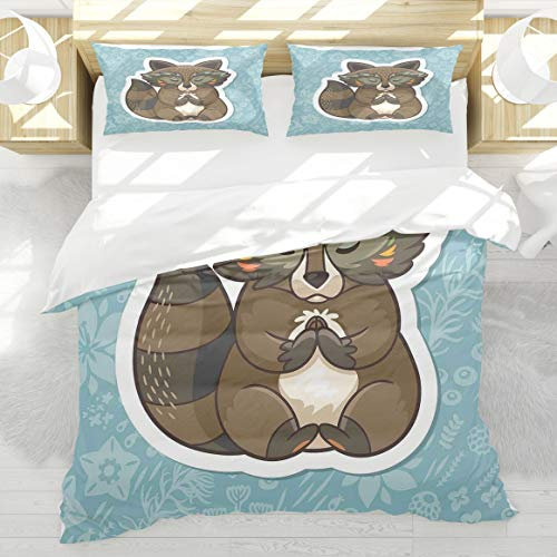 BEDNRY Juego de Ropa de Cama,Dibujos Animados Lindo Mapache meditando en Prado Azul Flores de Primavera Arte gráfico marrón Verde Oscuro,1 Funda Nórdica 200x200cm y 2 Funda de Almohada